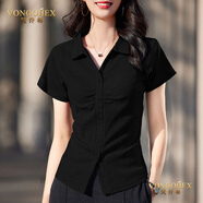 梵喬希品牌定制女裝短袖t恤女新款翻領(lǐng)polo領(lǐng)紐扣純色收腰正肩上衣t恤 黑色 S