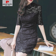 皮爾卡丹（pierre cardin）蕾絲連衣裙女2025春秋新款收腰顯瘦氣質(zhì)名媛中長款純色復(fù)古包臀裙 黑色 L 108-118斤