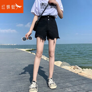 紅蜻蜓 高腰牛仔短褲女夏寬松新款薄顯瘦網(wǎng)紅A字毛邊黑色熱褲 黑色 L
