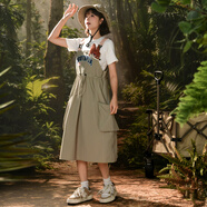 森女部落城市輕戶(hù)外復古抽褶休閑背帶工裝連衣裙露營(yíng)風(fēng)傘裙2025新款夏款 綠色（單件） S