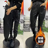 啄木鳥(niǎo)專(zhuān)柜撤回皮褲加絨加厚秋冬大碼松緊腰高腰百搭哈倫皮褲 黑色+厚+絨薄 輕薄 2XL 建議130-145斤