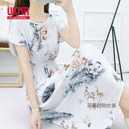 UKMR棉綢碎花連衣裙蝙蝠袖波西米亞中長(zhǎng)款海邊渡假沙灘碎花人造棉裙子 蝙蝠袖梔子花 2XL 建議120-140斤