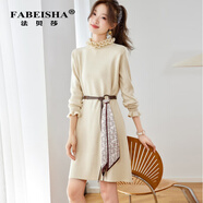 法貝莎荷葉領(lǐng)針織長(cháng)袖連衣裙女士2025秋冬新款文藝復古氣質(zhì)長(cháng)袖連衣裙女 杏色 M 95-115