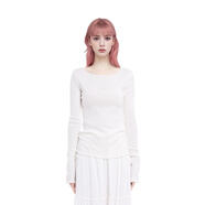 BM長(cháng)袖上衣女2025新款純色圓領(lǐng)卷邊內搭高級感修身顯瘦長(cháng)袖打底衫 白色 均碼