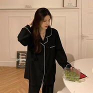 TULX春秋長(cháng)袖韓版ins甜美荷葉邊兩件套裝睡衣少女士家居服 8081黑色套裝【Y23】 2XL 【建議130-150斤】