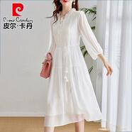 皮爾卡丹高級感白色雙縐桑蠶眞絲連衣裙大牌2025夏新款法式溫柔仙女長(cháng)裙 白色 2XL