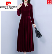 皮爾卡丹（pierre cardin）金絲絨長(cháng)袖連衣裙2025新款女士春秋冬款媽媽氣質(zhì)長(cháng)裙時(shí)尚女裝 酒紅色 M (104斤以下)