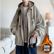 普戈斯（PUGESI）棒球服男外套春秋季胖子加大碼新款潮流寬松百搭拼色圓領(lǐng)夾克 J853卡其色冬季加棉加厚連帽款 3XL