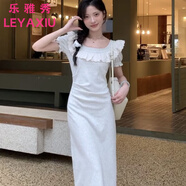 樂(lè )雅秀法式蕾絲拼接方領(lǐng)連衣裙女夏季溫柔風(fēng)氣質(zhì)收腰顯瘦A字包臀裙長(cháng)裙 灰色長(cháng)款 M 95110斤