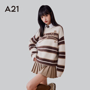 A21復古學(xué)院風(fēng)新款女裝美式刺繡針織衫秋季寬松百搭寬松套頭條紋毛衣 淺卡其 XXS