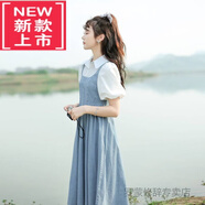 踏司紅襯衫拼接假兩牛仔連衣裙裙子短袖女裝夏季新款高腰a字裙 淺藍(lán)色 S