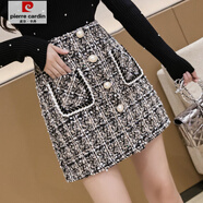 皮爾卡丹（pierre cardin）秋冬小香風(fēng)粗花呢半身裙短裙子高腰格子A字裙防走光包臀小短裙女 深杏色 L 105-115尺【2.1】