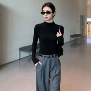 半高領(lǐng)斬腰設計感小飛袖上衣女修身衛衣女背心針織短袖t恤秋冬季 黑色 M