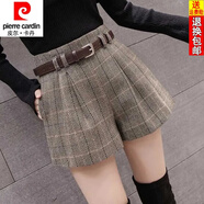 皮爾卡丹（pierre cardin）24年新款秋冬裝新款格子高腰短褲女毛呢時(shí)尚配腰帶百搭外穿顯瘦靴 卡其色 2XL 125斤-135斤