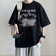 大魚界線（dayujiexian）美式復(fù)古重磅純棉T恤男夏季寬松高街短袖oversize情侶潮牌體恤衫 黑色 S