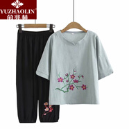 俞兆林（YUZHAOLIN）母親節(jié)中老年女裝中老年胖媽媽時(shí)尚套裝夏季民族風(fēng)棉麻短袖上衣休 豆綠色套裝 XL _[100-120斤左右]