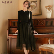 美安嘉新款秋冬黑色針織修身針織網(wǎng)紗裙小清新木耳網(wǎng)紗拼接氣質(zhì)打底裙子 黑色 L