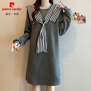 皮爾卡丹（pierre cardin）條紋披肩衛衣連衣裙女春秋2025大碼胖mm顯瘦寬松遮肚直筒中長(cháng)裙子 灰色連衣裙優(yōu)質(zhì)版[梨形身材遮 M [建議80-100斤]