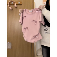 風(fēng)采兔 100%純棉甜美蝴蝶結(jié)拼接T恤女夏季新正肩百搭別致甜辣很仙的短袖 粉色 M