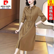 皮爾卡丹（pierre cardin）23年新款女裝襯衫連衣裙春秋季新款高端氣質(zhì)收腰顯瘦中長款裙 卡其色 2XL 128-138斤