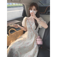 鏡莎法式純欲連衣裙子女夏季2024新款溫柔風(fēng)泡泡袖方領(lǐng)收腰顯瘦中長裙 碎花裙 均碼（可備注碼數(shù)）