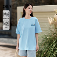 森馬（Semir）【夏日T恤合輯】短袖T恤女中長(zhǎng)款滿印夏印花落肩上衣寬松顯瘦涼感 A款涼感特寬松印花-天空藍(lán)81114 170/92A/XL