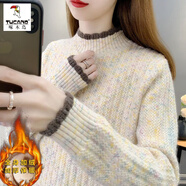 啄木鳥(niǎo)羊毛衫女加絨加厚半高領(lǐng)毛衣女秋冬季新款寬松洋氣保暖針織打底衫 杏色【全身加絨】 S 建議85-95斤