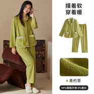 秋鹿秋露島絲絨睡衣女式秋冬新款暖珊瑚絲絨情侶男裝家居套裝 青朽茶 L