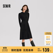 森馬（Semir）連衣裙女中長款修身正肩內(nèi)搭2024冬拼接燈芯絨小黑裙109724114001