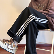 格斯嵐帝棉質(zhì)校服褲子藏青色春秋冬季初中高中小學(xué)生加絨深藍直筒運動(dòng)褲 黑色三條杠（加絨款） 均碼 (185)