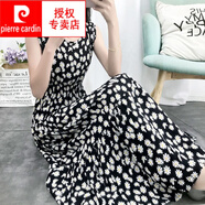 皮爾卡丹（pierre cardin）夏季波西米亞大擺修身長(cháng)款收腰淑女長(cháng)裙無(wú)袖印花棉綢連衣裙 1號色 黑色小雛菊 M 建議80-100斤