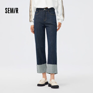 Semir[森柔牛仔]牛仔褲女翻邊印花直筒褲酷炸街秋季個性長褲街頭 原色牛仔98101 29