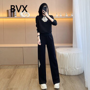 BVX新中式國(guó)風(fēng)休閑運(yùn)動(dòng)套裝女秋季新款刺繡衛(wèi)衣闊腿褲輕奢時(shí)尚兩件套 黑色 L