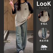 MZPLOI夏季大童女12-15歲短袖牛仔褲兩件套13初中學生14休閑網(wǎng)紅套裝16 黑拼灰色短袖+淺藍色牛仔褲(兩件 M (建議90-105斤)
