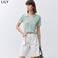 LILY夏新款薄荷曼波撞色邊POLO領(lǐng)V領(lǐng)肌理感短袖輕盈風(fēng)針織衫 319水綠 M
