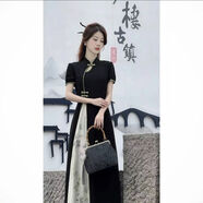 兮漁珥旗袍女2024新款30-40歲新中式國風(fēng)復古改良夏季夏季收腰顯瘦高級 黑色 L 110-125