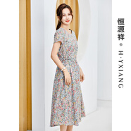 恒源祥純棉碎花連衣裙女夏季新款短袖田園風(fēng)休閑印花收腰系帶中長(zhǎng)裙 綠色 L /165/88A