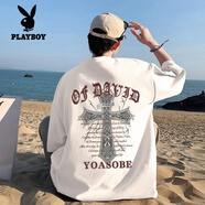 花花公子純棉T恤男重磅夏季寬松圓領(lǐng)短袖十字架美式高街五分袖體恤衫潮牌 白色 2XL 適合140-160斤