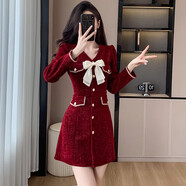 蘇洛琳（SULUOLIN）2025年春秋冬季新款女士裝紅色長(zhǎng)袖連衣裙小個(gè)子氣質(zhì)訂婚敬酒衣服 紅色(胸針可取) L 105-115斤