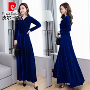 皮爾卡丹（pierre cardin）2025春秋冬裝新款金絲絨連衣裙女絲絨高貴洋氣長(cháng)*袖高級氣質(zhì)長(cháng)裙 寶藍色 L (建議 110-120斤)