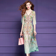 菲夢(mèng)伊100桑蠶絲印花連衣裙女夏季復古民族風(fēng)收腰釘珠真絲長(cháng)裙子 果綠色 3XL