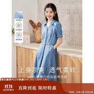 茵曼（INMAN）時尚復(fù)古連衣裙女夏季翻領(lǐng)寬松A字燈籠袖長裙 牛仔藍(lán)-新 L