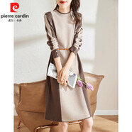 皮爾卡丹（pierre cardin）長袖針織連衣裙女士春秋冬季中長款內(nèi)搭打底純毛棉衣裙子 米白拼咖色（收藏加購送腰帶） M