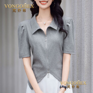 梵喬希品牌定制女裝短袖t恤女新款POLO翻領(lǐng)雙頭拉鏈顯瘦泡泡袖上衣半袖 灰色 S