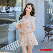 小個(gè)子女人夏天穿的中長(zhǎng)連衣裙夏季刺繡碎花雪紡矮小個(gè)子連衣裙女短款新款氣質(zhì)短裙仙氣裙子 杏色 M 建議90-100斤