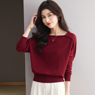 MONTAGUT蝙蝠袖針織打底衫女秋裝2025新款春秋洋氣一字領(lǐng)寬松上衣時尚毛衣 紅色 M 95-110斤