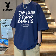 花花公子（PLAYBOY）純棉t恤男生2025新款美式oversize夏季夏天半袖寬松重磅上衣潮牌 藏青色 【純棉】現(xiàn)貨立發(fā) 3XL 建議【160斤~180斤】