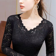 FDPV打底衫女2024秋冬新款高級感蕾絲2024歐美加絨加厚裝長(cháng)袖t恤保暖 黑色薄款 M 90-100