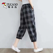 啄木鳥(niǎo)大i碼純棉格子休閑褲2025夏季文藝復古寬松顯瘦顯瘦哈倫褲七分褲 大格子 3XL 建議160-180斤