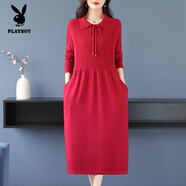 花花公子（PLAYBOY）娃娃領(lǐng)毛衣裙女秋冬季連衣裙新款大碼加厚長(cháng)款口袋針織保暖打底裙 火龍果色 M 95-105斤